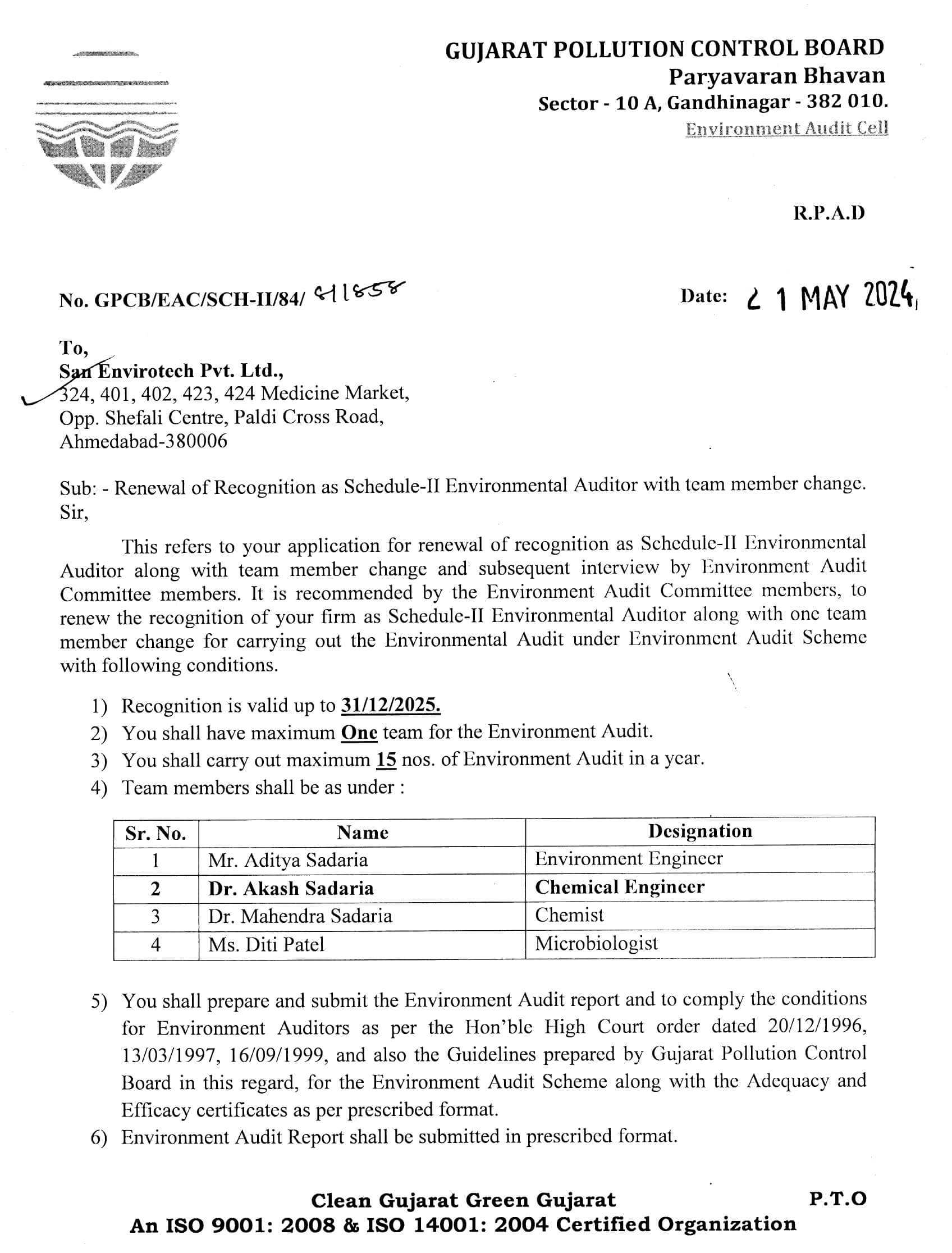Schedule-II Environmental Auditor appointed by the Gujarat Pollution Control Board